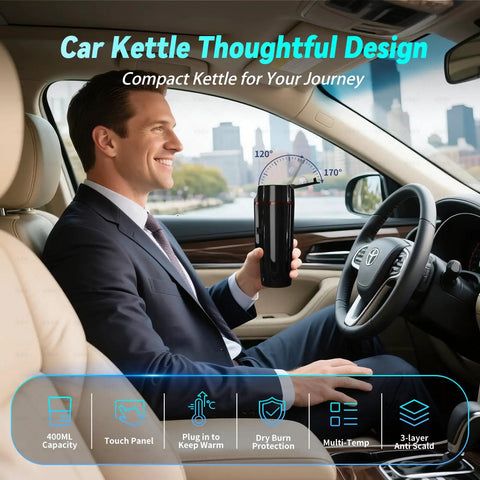 Man using Road Trip Ready Travel Car Kettle With 12V And 24V Power, Portable 400 mL Electric Water Boiler in a car