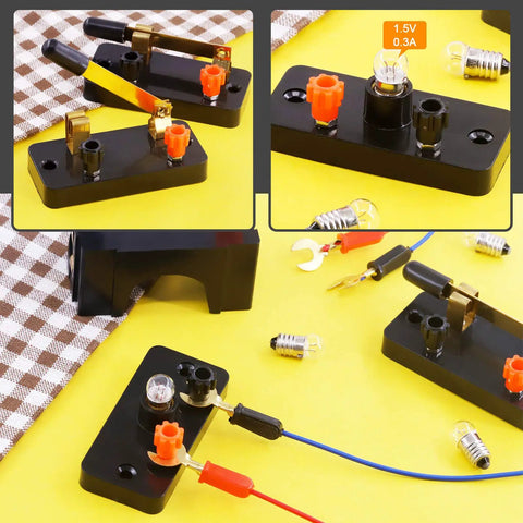 Badass 20 Piece Electrical Circuit Experiment Kit With Quick Attach Bulbs Dependable Switches And Heavy Duty Flexible Wiring on yellow surface.