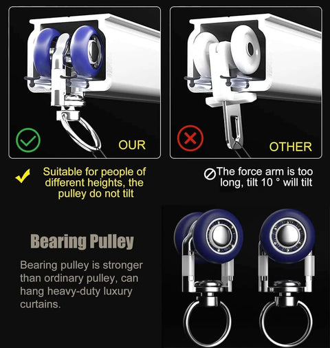 Premium Ceiling Curtain Track System With Smooth Bearing Wheels For Noise Reducing Privacy, Waterproof And Wear Resistant Aluminum Rail Kit Adjustable Length Removable End Caps Perfect Room Divider bearing pulley shown
