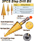 Step drill bits with hex shank, groove design, and specifications chart for precise drilling in various materials.