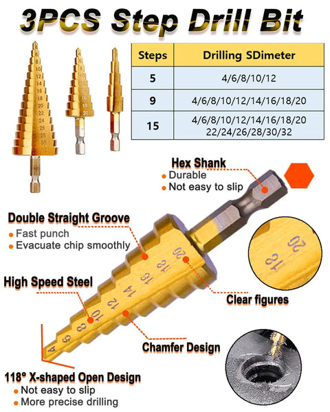 Step drill bits with hex shank, groove design, and specifications chart for precise drilling in various materials.