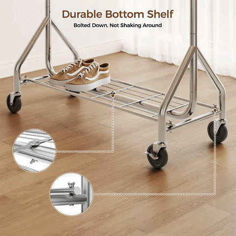 Kickass Durability Double Rod Clothes Rack, Rolling Garment Stand With Zero Hassle Setup, Heavy Duty Freestanding Closet Organizer For Bedroom Or Laundry, Space Savvy Two Tier Build In Sleek Silver
