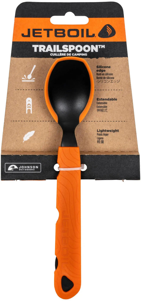 TrailSpoon Extendable Backpacking Spoon with silicone edge in packaging, 10 inch reach, orange handle.