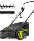 Corded Electric Dethatcher And Scarifier With 12.6 Inch Wide Path And 12 Amp Motor, 8 Gallon Bag, Heavy Duty Lawn Care Tool For Lawn Maintenance, Adjustable Depth With Five Positions AJ801E displayed with attachments