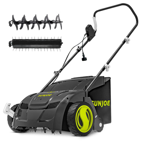 Corded Electric Dethatcher And Scarifier With 12.6 Inch Wide Path And 12 Amp Motor, 8 Gallon Bag, Heavy Duty Lawn Care Tool For Lawn Maintenance, Adjustable Depth With Five Positions AJ801E displayed with attachments