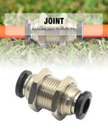 Angled side view of a metal bulkhead union fitting, 6mm OD to 6mm OD, with black O-rings; 5-pack