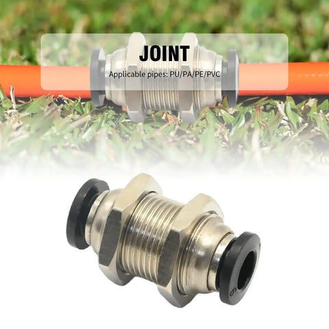 Angled side view of a metal bulkhead union fitting, 6mm OD to 6mm OD, with black O-rings; 5-pack