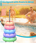 Sturdy Metal Pool Float Rack Organizer for poolside storage with swim rings by the pool, 64 inch tall, black, summer ready.