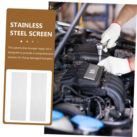 Mechanic using tool near car engine with 12 Piece Vehicle Bumper Repair Mesh Kit with Stainless Steel Thermoplastic Screen.