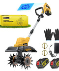 Beast Cordless Tiller Cultivator With 800W Motor And 400RPM Includes 2x4Ah Battery And Charger 9 Inch shown with accessories