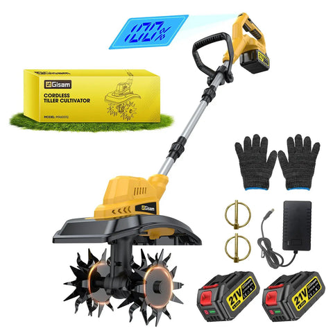 Beast Cordless Tiller Cultivator With 800W Motor And 400RPM Includes 2x4Ah Battery And Charger 9 Inch shown with accessories