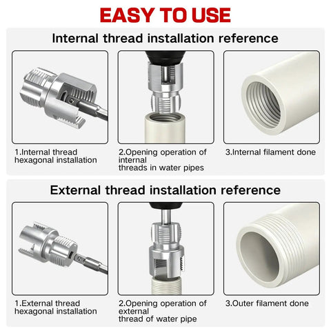 Heavy Duty PVC Pipe Threader Kit With Tapping Tool For 1/2, 3/4 And 1 Inch Pipes showing internal and external thread installation steps.