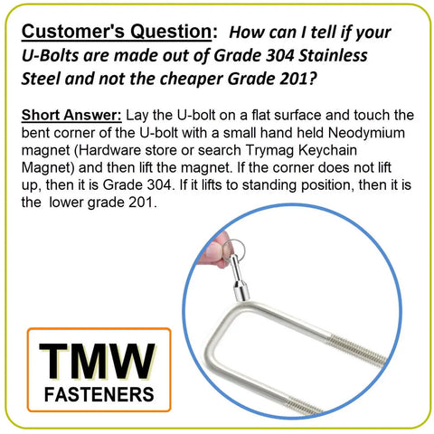 Demonstration of Grade 304 Stainless Steel U-bolt magnet test by TMW Fasteners to identify material quality.