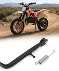 Upgraded Kickstand for 50cc 2Stroke Dirt Bikes for Kids and Adults Adjustable Beefy Heavy Duty Aluminum Alloy Side Stand for E Bikes Safe Parking Stable Stance on Trails and Gravel, shown with black stand and spring, dirt bike in background.