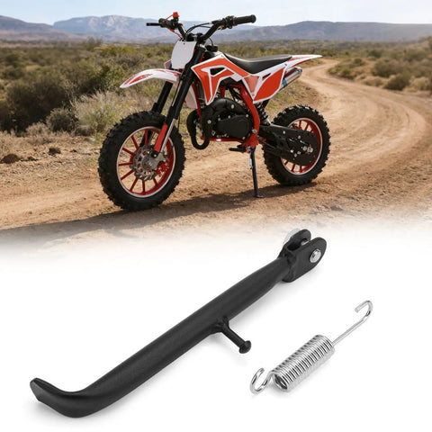Upgraded Kickstand for 50cc 2Stroke Dirt Bikes for Kids and Adults Adjustable Beefy Heavy Duty Aluminum Alloy Side Stand for E Bikes Safe Parking Stable Stance on Trails and Gravel, shown with black stand and spring, dirt bike in background.