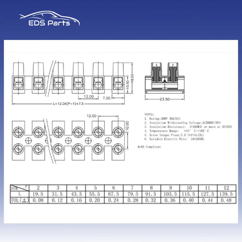Technical drawing of 2 Pack 12 Position 24 Contact Terminal Block Barrier Strip Dual Row With Screw Connector for HVAC panels