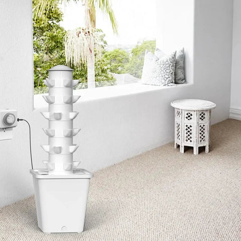 Dope Space Saving Indoor Hydroponic Tower Garden For Up To 30 Herbs And Veggies With Self Watering Pump in room corner