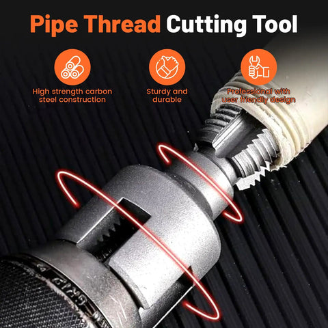 Rock Solid 4 In 1 PVC Pipe Threader Tool For 1/2 And 3/4 Inch Pipes showcasing carbon steel pipe thread cutting tool details.
