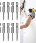 Top Tier 10PCS Set Of 3mm Magnetic Phillips Screwdriver Bits, Heavy Duty Alloy Steel Power Tool Drill Tips That Grip Tight For Any DIY Fix Or Repair Job Around The House Today. 3mm alloy steel Phillips bits, 10-piece set, used in a drill for wall work