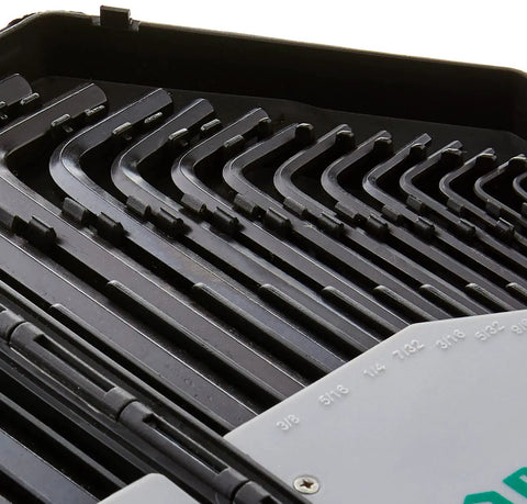 Close-up of 30 Piece Hex Key Wrench Set With SAE And Metric Sizes From Tiny 0.028 Inch Up To 0.078 Inch And 0.7mm To 10mm Chamfered Ends