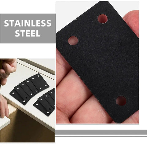 Tough As Nails Stainless Steel Mending Plates And Square Connecting Brackets For Knocking Out Fast Furniture Repairs And Rock Solid Shelf Reinforcement With Dead Tight Screws For Weekend Warriors in black and flat design.