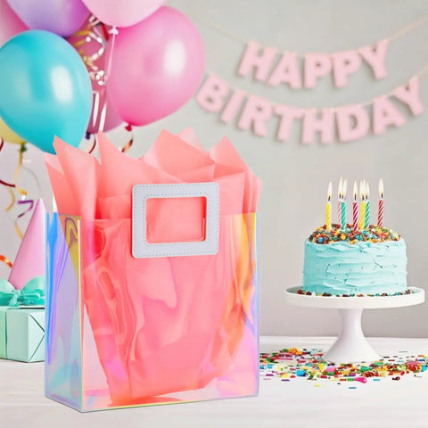 8.3 Inch Holographic Gift Bag With Coral Tissue Paper Reusable Small Tote For Birthdays Bridesmaids Weddings Girls And Women Iridescent Party Favor Pack Of 1 Size Small Party Ready next to cake and balloons