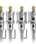 Front view: four-piece TCT hole saw set with detachable pilots and hex wrench; sizes 3/4 in, 1 in, 1-1/4 in, 1-1/2 in
