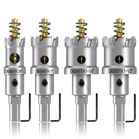 Front view: four-piece TCT hole saw set with detachable pilots and hex wrench; sizes 3/4 in, 1 in, 1-1/4 in, 1-1/2 in