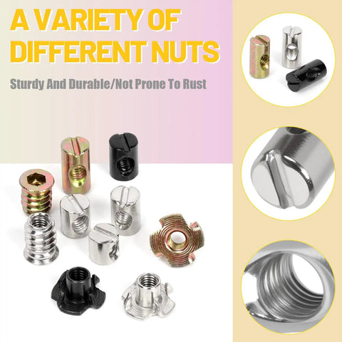 Heavy Duty Assorted M6 Barrel Nuts With Zinc Plated Tee Nuts And Threaded Inserts For Wood Furniture Assembly showing various nuts for DIY projects.