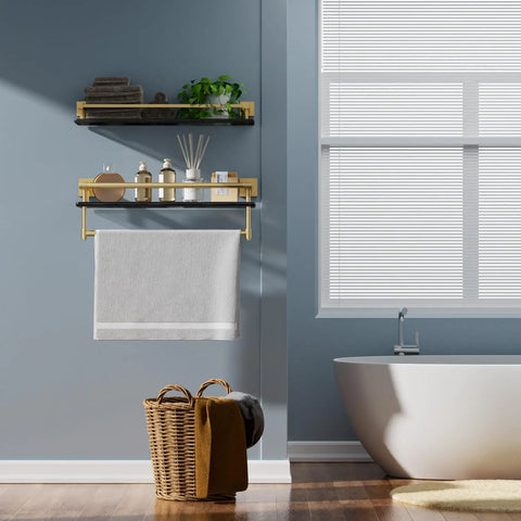 Slick Brushed Gold Glass Bathroom Shelf With Towel Bar, Wall Mounted, 8mm Tempered Glass, SUS304 Stainless Steel Floating Shelf, 20 Inch