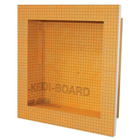 Kerdi Board Prefabricated Shower Niche With Pre Sealed Inside Corners For Bathroom Renovation 12 Inch Wide By 12 Inch High Waterproof Niche Ideal For Tile Compatibility And Quick Install displayed in orange grid pattern.