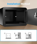 Open compact money safe with key lock and coin slot hidden stash box for cash jewelry passports valuables, installation method shown.