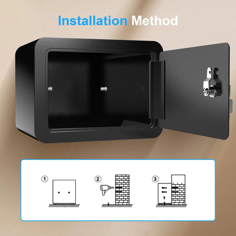 Open compact money safe with key lock and coin slot hidden stash box for cash jewelry passports valuables, installation method shown.