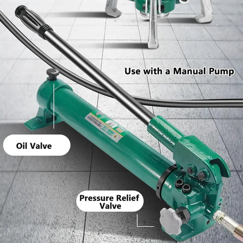 Beefed Up Hydraulic Gear Puller Kit 5 To 50 Ton with two valves and manual pump on tile floor, close-up view.