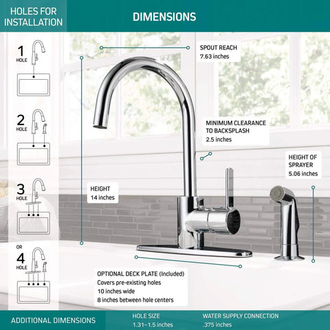 Dimensions diagram of Precept Single-Handle Kitchen Faucet With Side Sprayer In Chrome, 360 Degree Swivel, deck plate included
