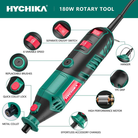 Do-It-All 180W Rotary Tool Kit With Flex Shaft, 173-Piece Accessory, highlighting features like speed settings and quick lock