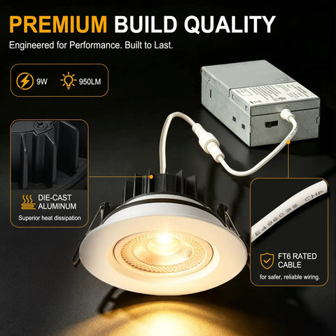 Omilora 4 Inch Gimbal Recessed Lights, Adjustable Eyeball Downlight,12 Pack showing detailed installation components and die-cast aluminum.