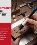Dead On Precision Pin Vise Hand Drill Kit Featuring Ridiculously Sharp Micro Drill Bits And 1mm Mini Set in use on wooden block.