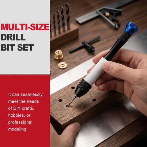 Dead On Precision Pin Vise Hand Drill Kit Featuring Ridiculously Sharp Micro Drill Bits And 1mm Mini Set in use on wooden block.