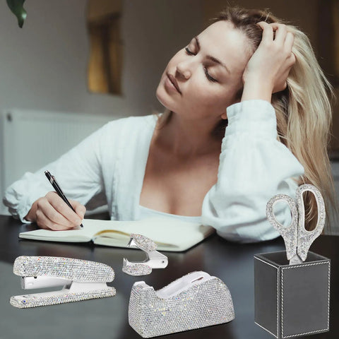 White Rhinestone Bling Stapler And Tape Dispenser Set With Glam Scissors And Staple Remover Sparkle Desk Accessories on Table