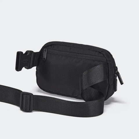 Black Everywhere Two Way Zipper Fanny Pack Nylon Waist Bag For Women with adjustable strap, back view, 1L capacity