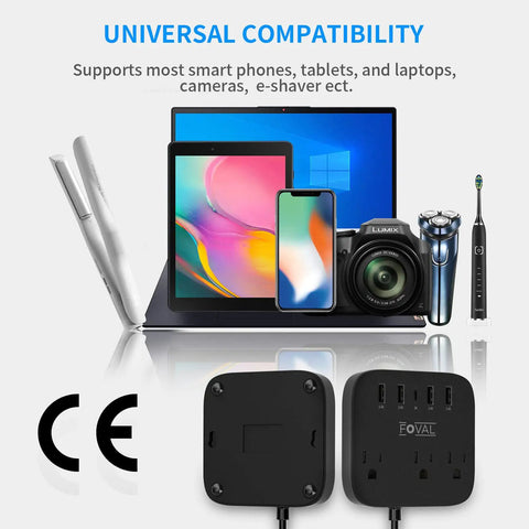 All In One Travel Power Strip With USB C And 4 USB Ports, 3 AC Outlets, EU UK US Plug Adapter shown with connected devices