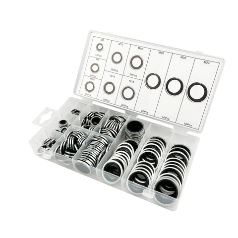All In One Automotive Bonded Seal Kit, 150 Piece Self Centered Gasket And Oil Washer Set In Zinc Plated Iron, M6 To M24 Sizes in box