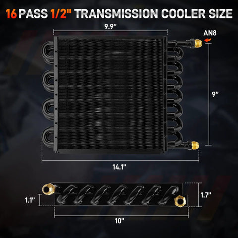 Heavy Duty 16 Pass Aluminum Transmission Oil Cooler Kit With One Half Inch Universal Lines 16 Row Tube Fin Aftercooler dimensions