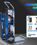 Electric Stair Climbing Dolly With 1250W Motor And 900 Lb Max Load Capacity showing dimensions and accessories on a blue hand truck.