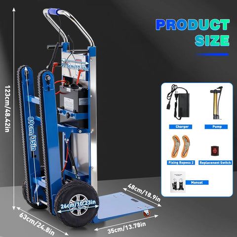 Electric Stair Climbing Dolly With 1250W Motor And 900 Lb Max Load Capacity showing dimensions and accessories on a blue hand truck.