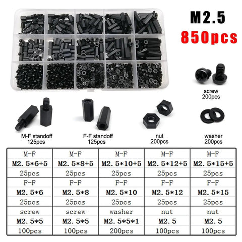 Non Conductive Black Nylon Hex Spacers Set For DIY Drone Builds And Electronics, Insulated M2 M2.5 M3 M4 Hex Pillar Standoffs kit, M2.5 850 pcs