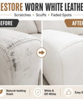Before and after image of sofa corner showing No Sweat Professional Leather And Vinyl Repair Kit for seamless blending.