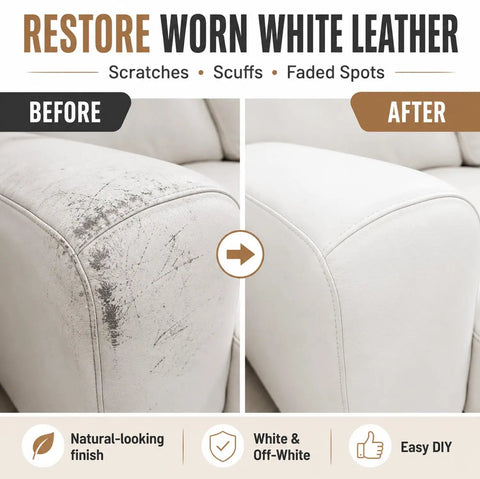 Before and after image of sofa corner showing No Sweat Professional Leather And Vinyl Repair Kit for seamless blending.