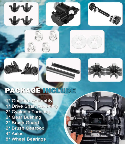 Pro Grade Tune Up Kit For Polaris Quattro P40 P4000 Pool Cleaner Replacement Parts Kit With Drive Shaft Gearbox Axles Bearings And Cyclonic Turbines Do It Yourself Easy Install showcasing parts layout